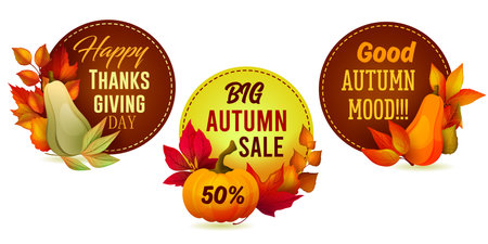 Round stickers for autumn seasonal sale, holiday or Thanksgiving day greetings. Fall label set decorated with pumpkin and leaves composition. Vector templates of holiday cards.のイラスト素材