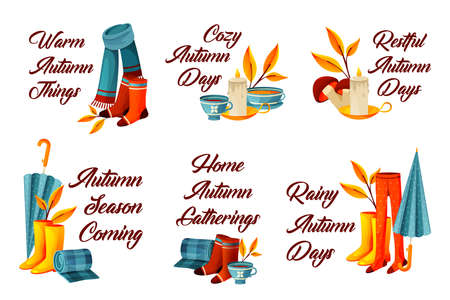 Autumn or fall decorative phrases set. Written expression for seasonal cards, sticker or banner. Vector print decorated with clothing and accessory composition.のイラスト素材