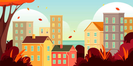Autumn cityscape or fall scenery in town, banner or background. Vector scape of autumn season with sunny weather and falling leaves. Autumn time, outdoor.のイラスト素材