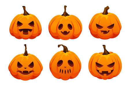 Halloween pumpkin icon set. Fantasy characters for holiday banner or card decoration. Spooky vegetables with creepy face. Fabulous or fictional elements. Trick or treat.のイラスト素材