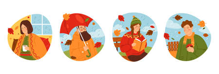 People enjoy autumn season, vector labels set.のイラスト素材