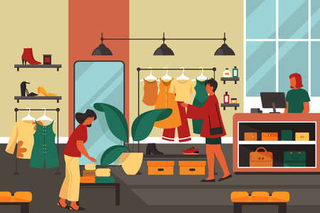 Women enjoy shopping in mall, banner or backgroundのイラスト素材