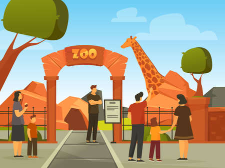 Summer recreation in zoo with family, backgroundのイラスト素材