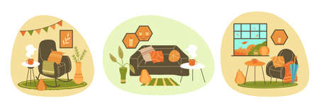 Comfortable and cozy home interior, vector bannersのイラスト素材