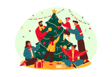 Happy family decorate New year tree, vector bannerのイラスト素材