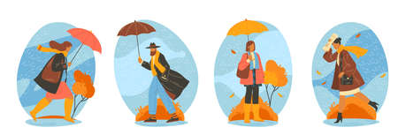 People or characters walking under umbrella in raining weather, icons set. Vector clip art. Autumn time with rainy weather, falling leaves and puddles, fall season.のイラスト素材