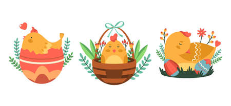 Easter chick and chicken, stickers or labelsのイラスト素材