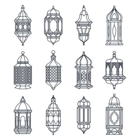 Linear arabian lamp or lantern, vector icon set.のイラスト素材