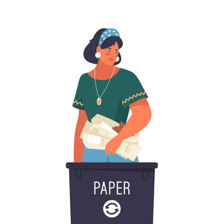 Woman sorting paper garbage, vector banner or iconのイラスト素材