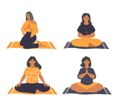 Meditation practice or pranayama, vector icons setのイラスト素材
