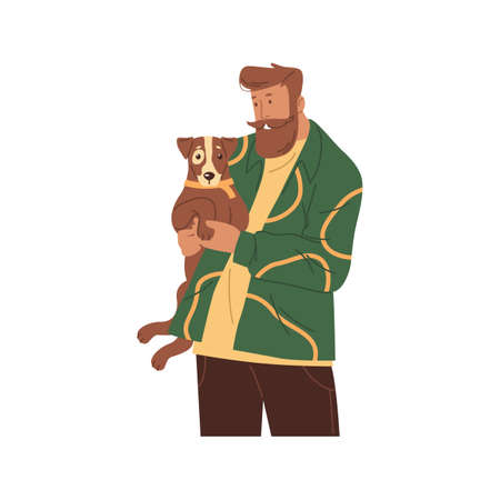 Man with cute dog or puppy, vector icon or clipartのイラスト素材