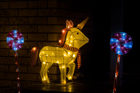 christmas light decorations in the darkの写真素材