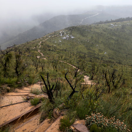 spiral track leading down the mountainの写真素材
