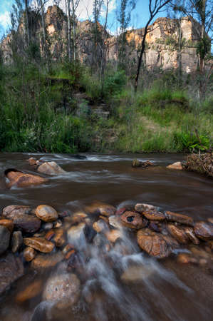 flowing creek in bushland near mountainsの写真素材