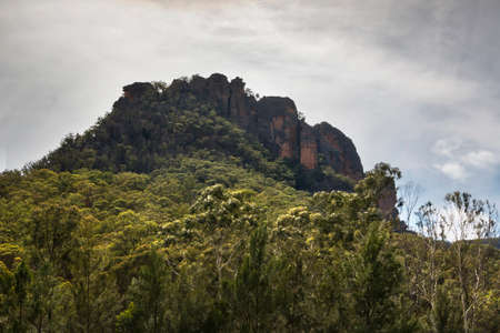 mountain and trees under a cloudy skyの写真素材