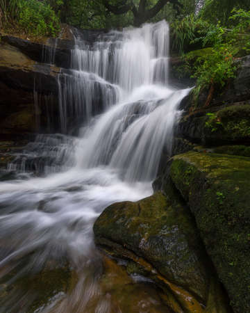 rocks in the forest with a waterfallの写真素材