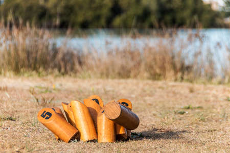 a game of finska in motion on grassの写真素材