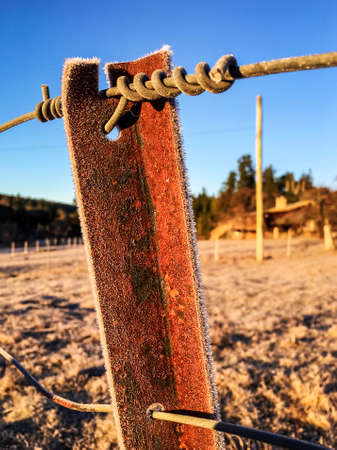 a close up of a fence with frost in hill endの写真素材