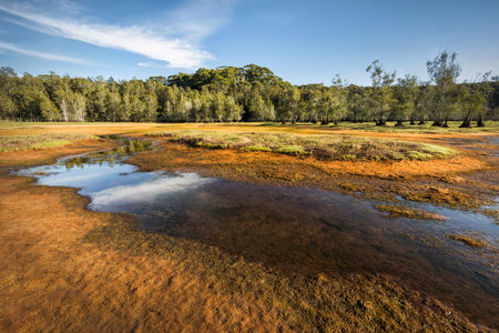 reflections in water at lagoon with clouds in sky and colourful foregroundの写真素材