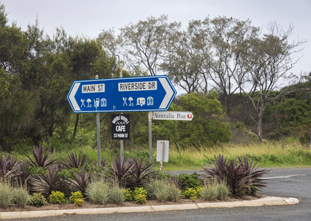 road signs at split street in wooli nsw australiaの写真素材