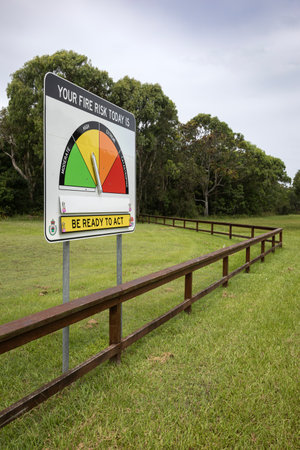 a fire danger sign on a lush green field in wooli nsw australiaの写真素材