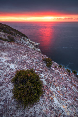 pink sunrise over cliff face in bouddi national park on nsw central coastの写真素材