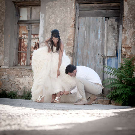 Happy greek newly wed couple outdoors together の写真素材