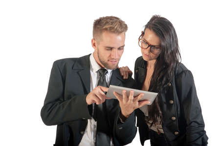 Young attractive business people working with digital tablet