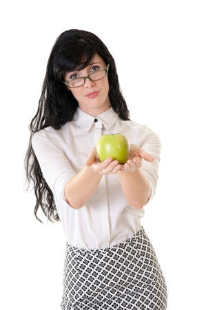 Attractive young woman with healthy green apple isolated on whiteの写真素材