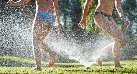 Young girls playing jumping in a garden water lawn sprinklerの写真素材