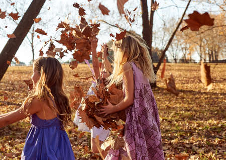 Young girls children kids playing running in fallen autumn leaves