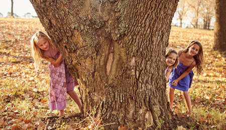 Young girls children kids playing running in fallen autumn leavesの写真素材