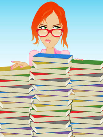 Girl Wearing Glasses Behind a Stack of Booksのイラスト素材