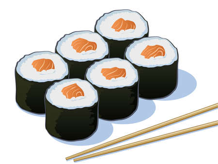 Salmon Sushi Rolls with Chop Sticksのイラスト素材