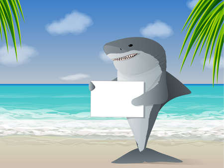 Shark holding a sign at the beachのイラスト素材