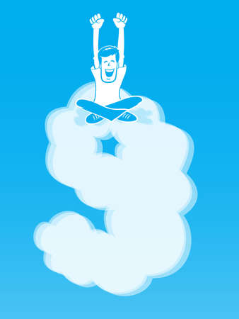 On Cloud Nine/ Happy Man sitting atop a cloud shaped like the number 9のイラスト素材