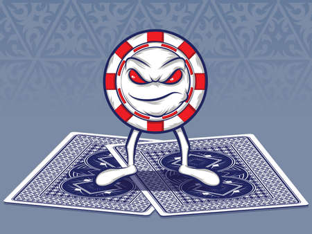 Poker Chip Character Standing on Two Poker Cardsのイラスト素材