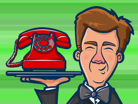 Illustration of a man holding an old red phone on a silver platterのイラスト素材