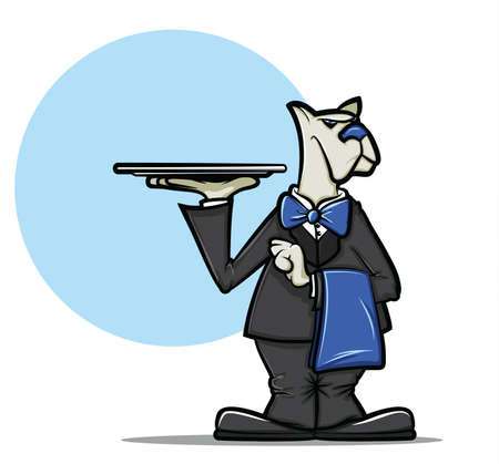 Illustration of a cartoon dog wearing a tuxedo and holding a server trayのイラスト素材