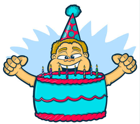 Illustration of an excited boy blowing out the candles on his birthday cakeのイラスト素材