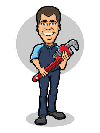 Cartoon plumber holding a red spanner wrench and smilingのイラスト素材