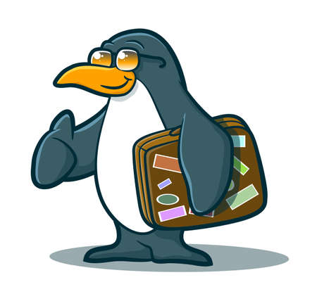 Illustration of a cute penguin holding a suitcase with his thumb in the airのイラスト素材