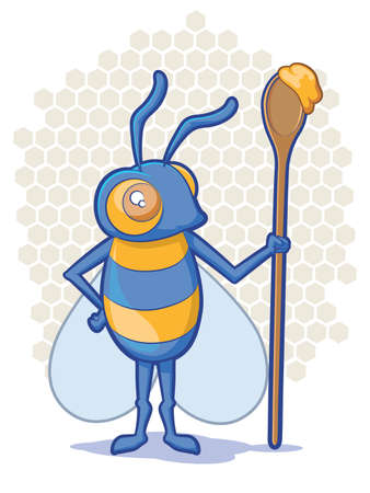 Cartoon Bee holding a spoon full of honeyのイラスト素材