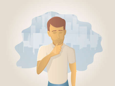 A man alone in a city, with his hand on his chinのイラスト素材