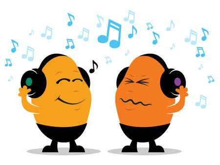 Colorful illustration of a happy and unhappy music listenerのイラスト素材