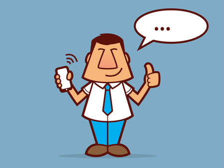 Cartoon man wearing a tie and holding a cell phoneのイラスト素材