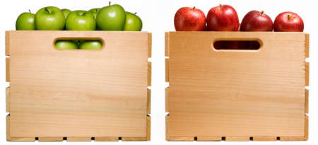 Green and Red Apples in Wood Fruit Crates on White Backgroundの写真素材