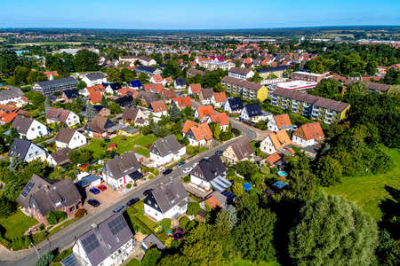 German suburb near Wolfsburg, aerial photo with the drone, single-family dwellingsの写真素材