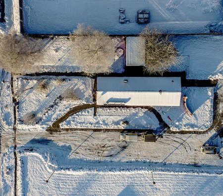 Admission with the drone from the air, winter, snow, hallの写真素材