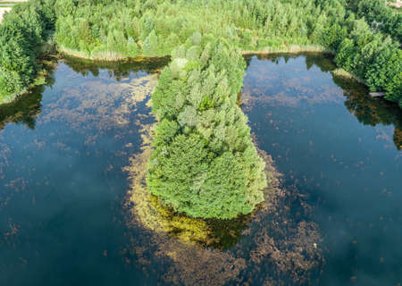 Aerial photo of an island in the pond, from the front and from aboveの写真素材
